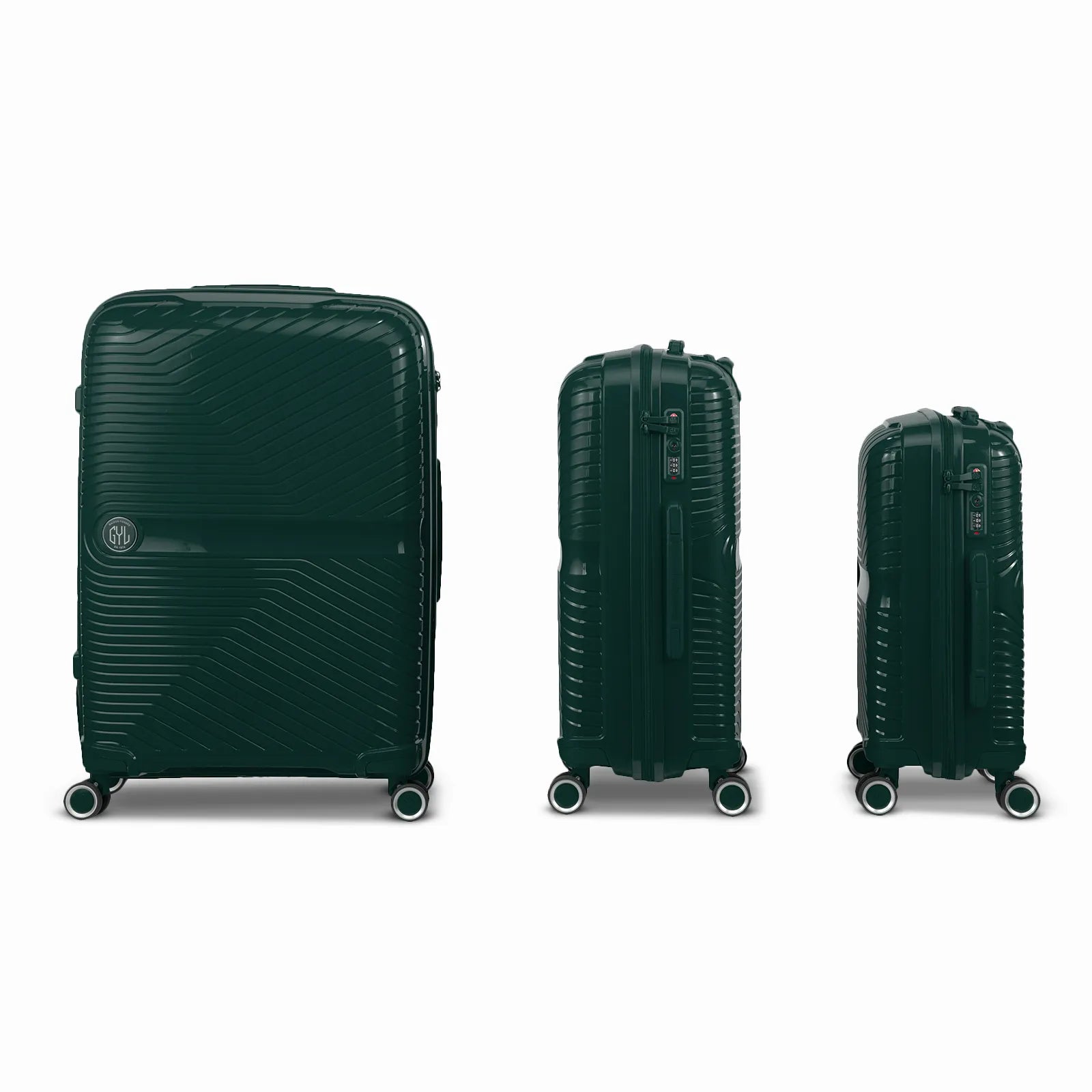 Ensemble de trois valises GYL Signature en polypropylène couleur sapin, présentées alignées de face et de profil, incluant les formats cabine, moyenne et soute.
