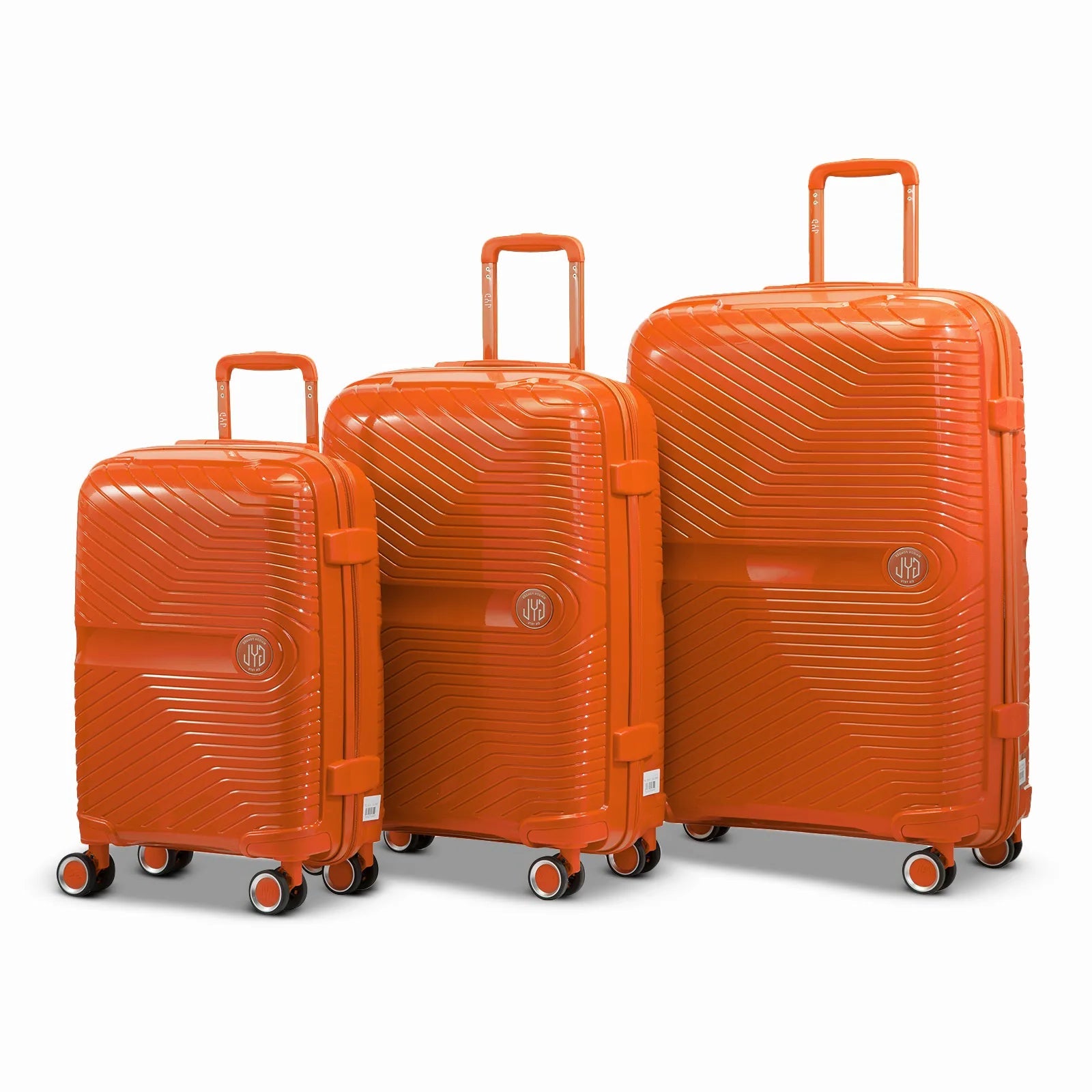 Ensemble de trois valises GYL Signature en polypropylène orange, comprenant les formats cabine, moyenne et soute, avec trolley télescopique et roues doubles 360°.