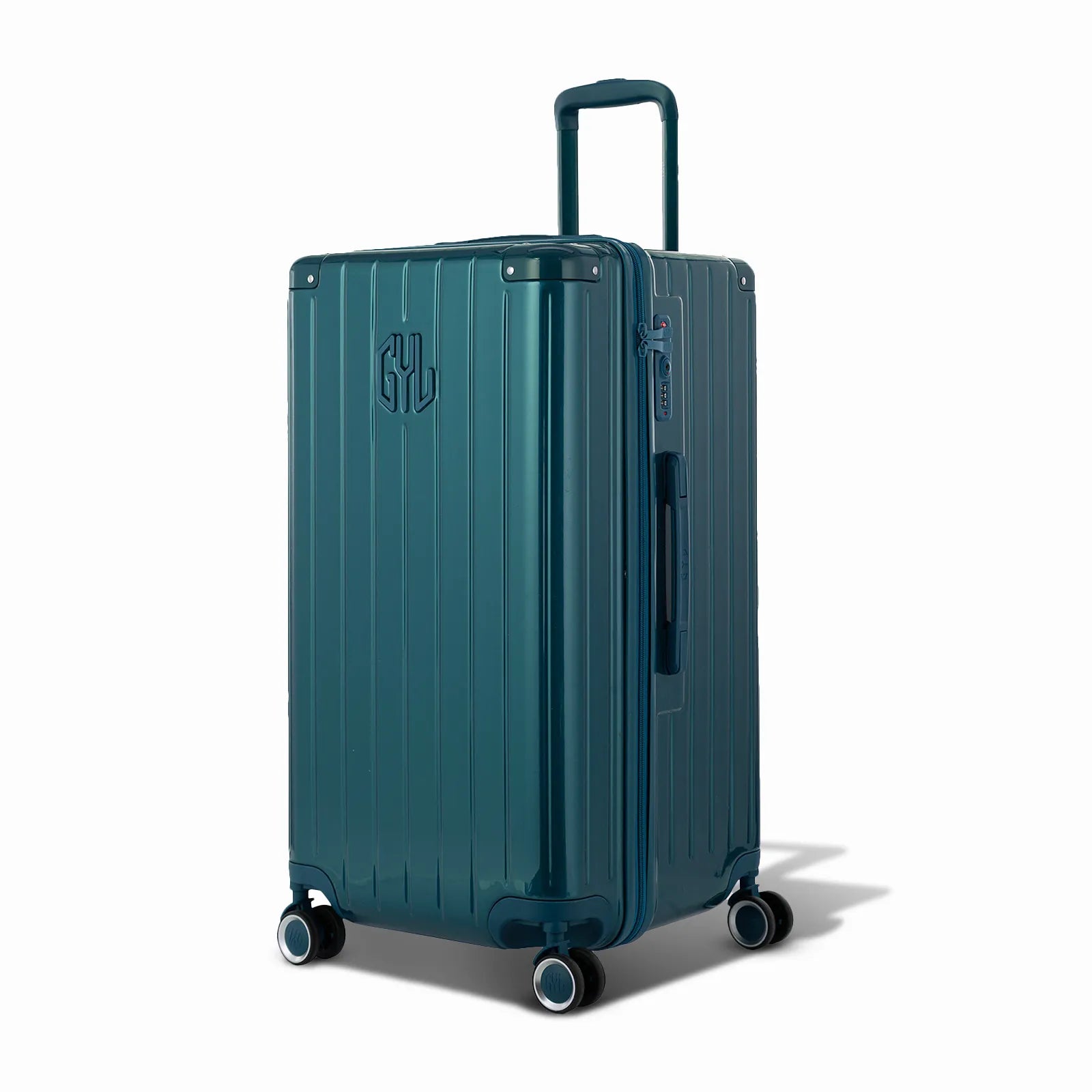Valise trunk GYL taille L en polycarbonate sapin vue de trois quarts, avec trolley déployé et roues 360°