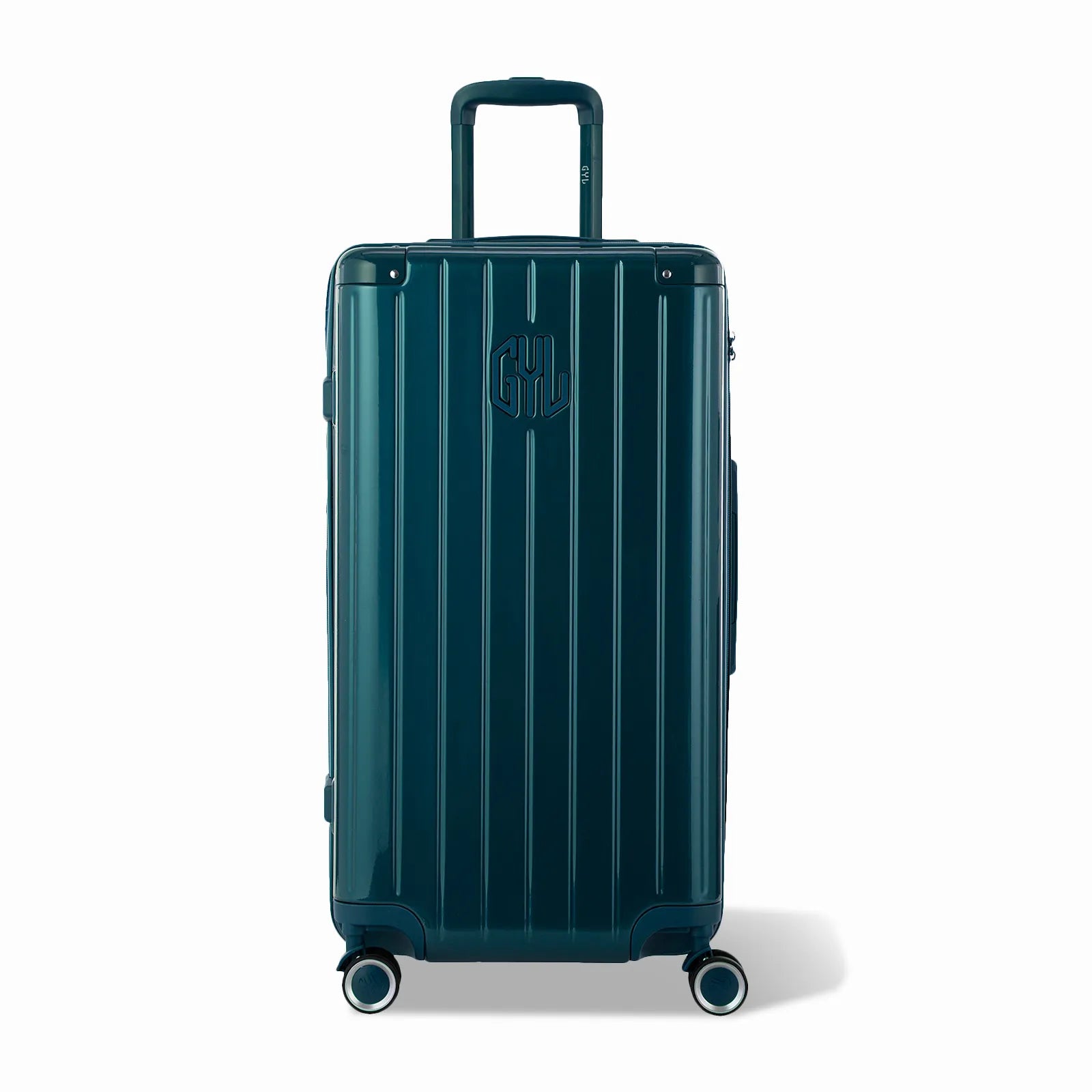 Valise trunk GYL taille L en polycarbonate sapin vue de face, avec trolley déployé et roues 360°