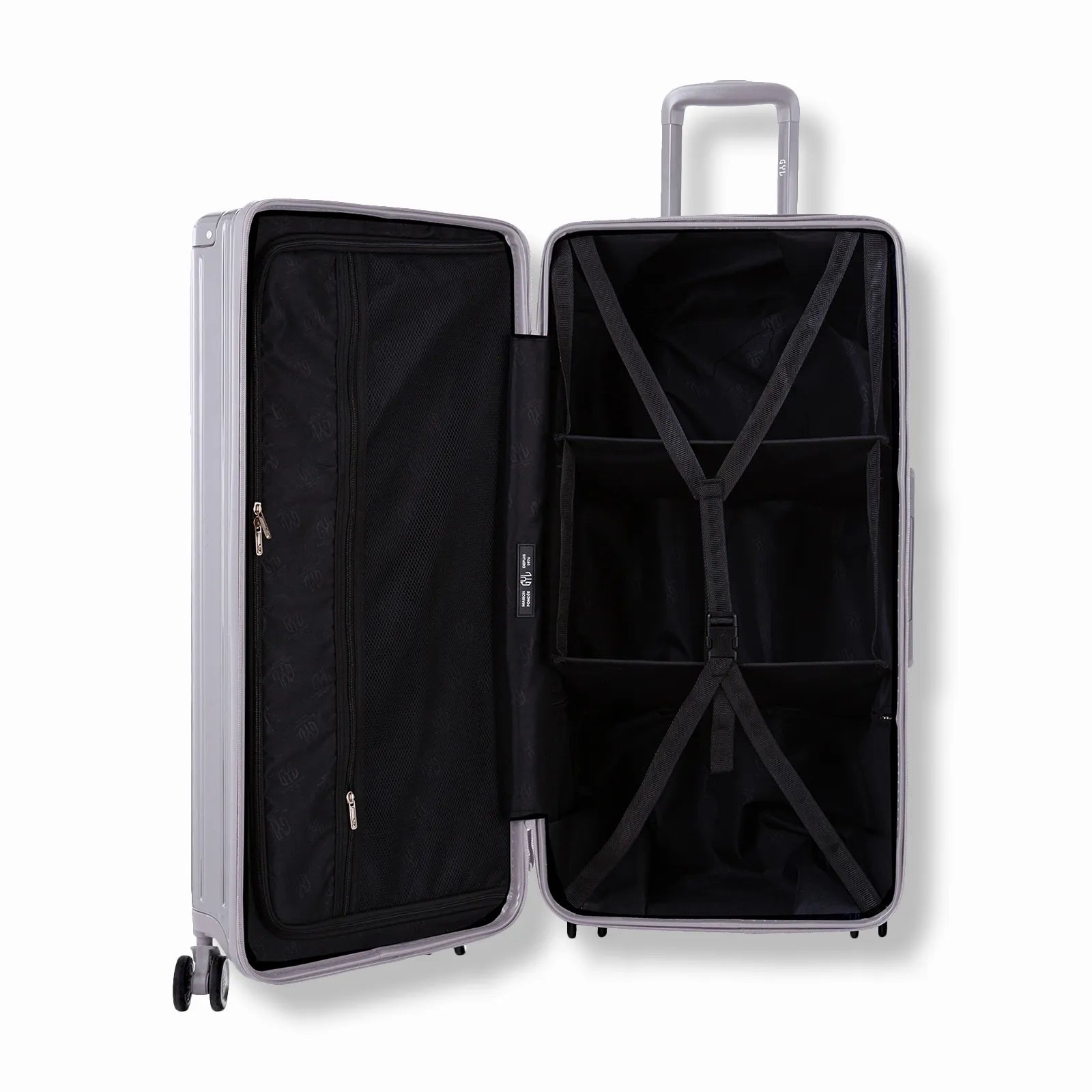 Valise trunk GYL L argent ouverte en position verticale, montrant la double séparation intérieure et les sangles de maintien.