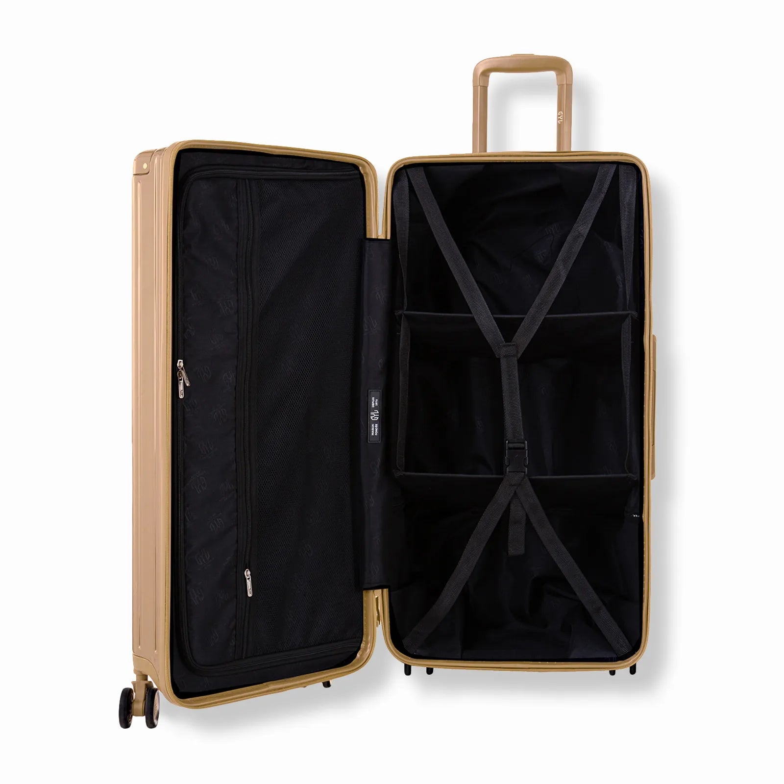 Valise trunk GYL L champagne ouverte en position verticale, montrant la double séparation intérieure et les sangles de maintien.
