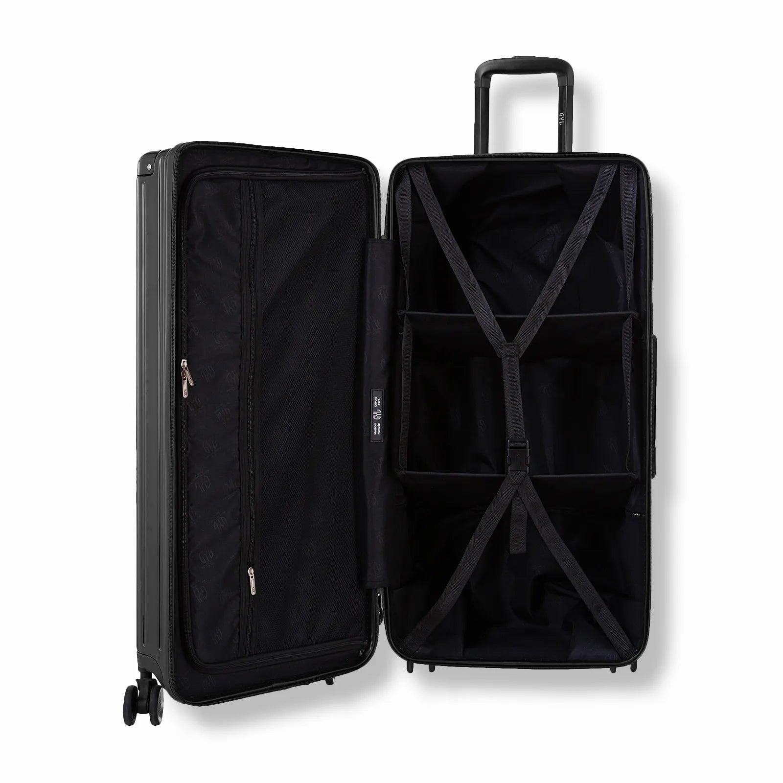 Valise trunk GYL L noir ouverte en position verticale, montrant la double séparation intérieure et les sangles de maintien.
