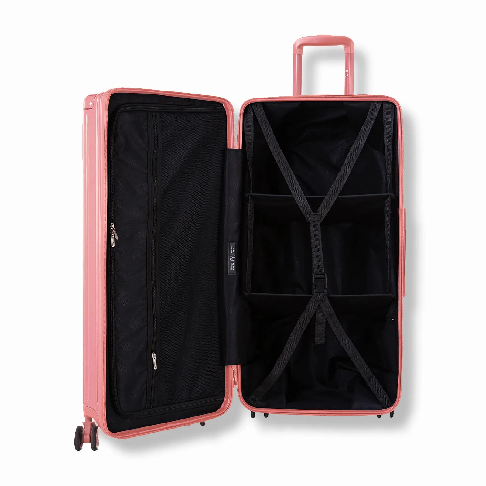 Valise trunk GYL L rose gold ouverte en position verticale, montrant la double séparation intérieure et les sangles de maintien.