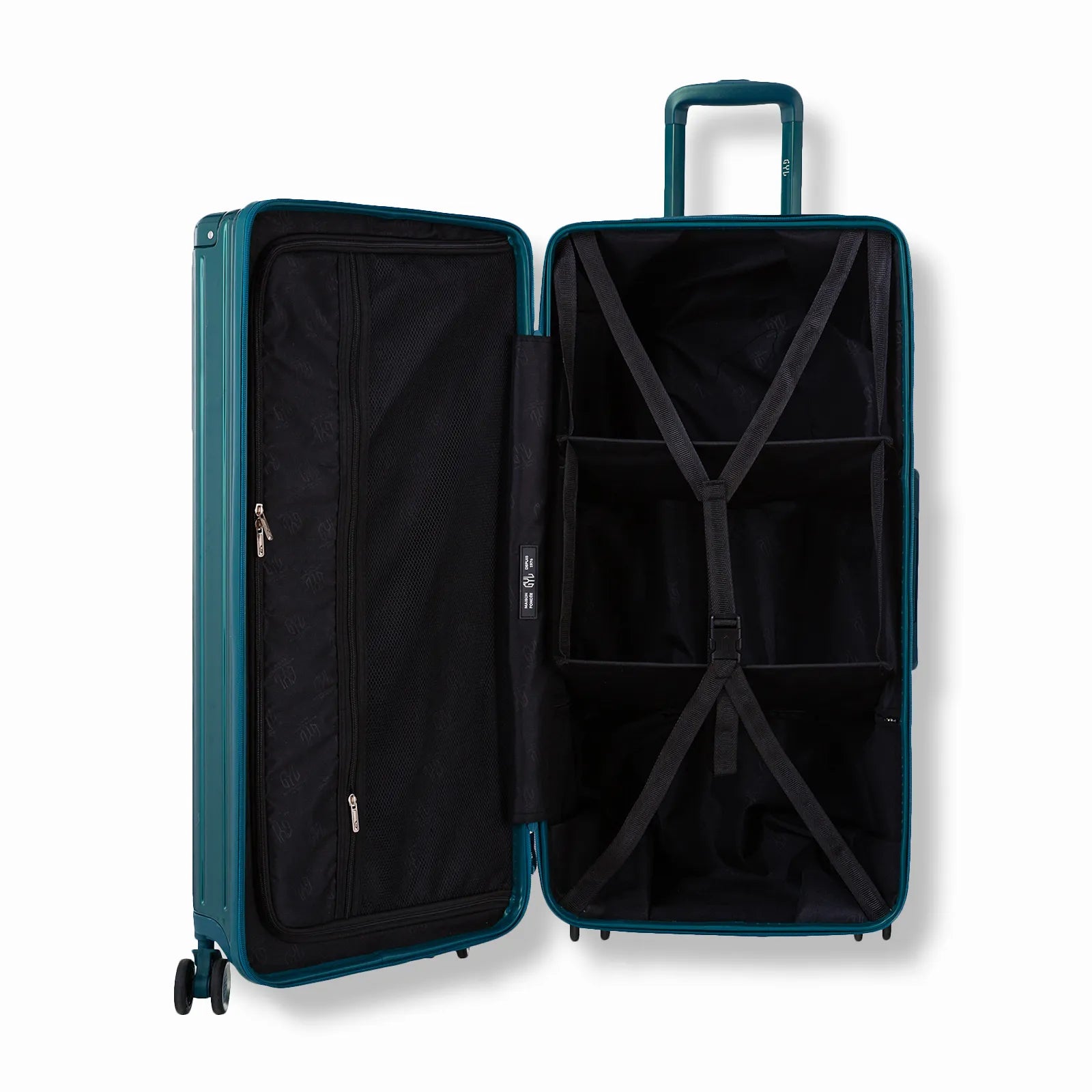 Valise trunk GYL L sapin ouverte en position verticale, montrant la double séparation intérieure et les sangles de maintien.