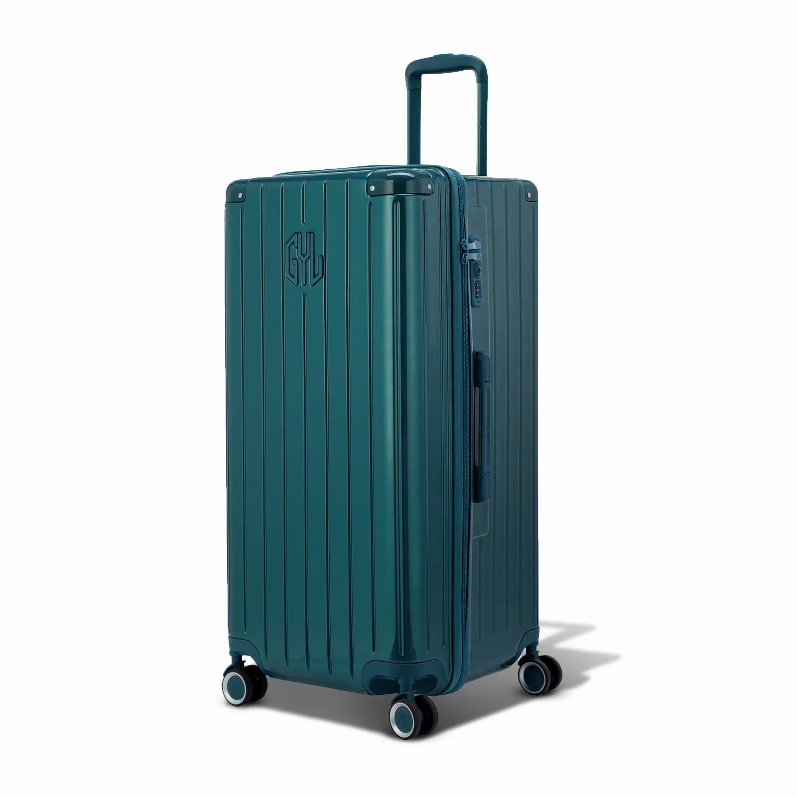Valise trunk GYL taille XL en polycarbonate sapin vue de trois quarts, avec trolley déployé et roues 360°.