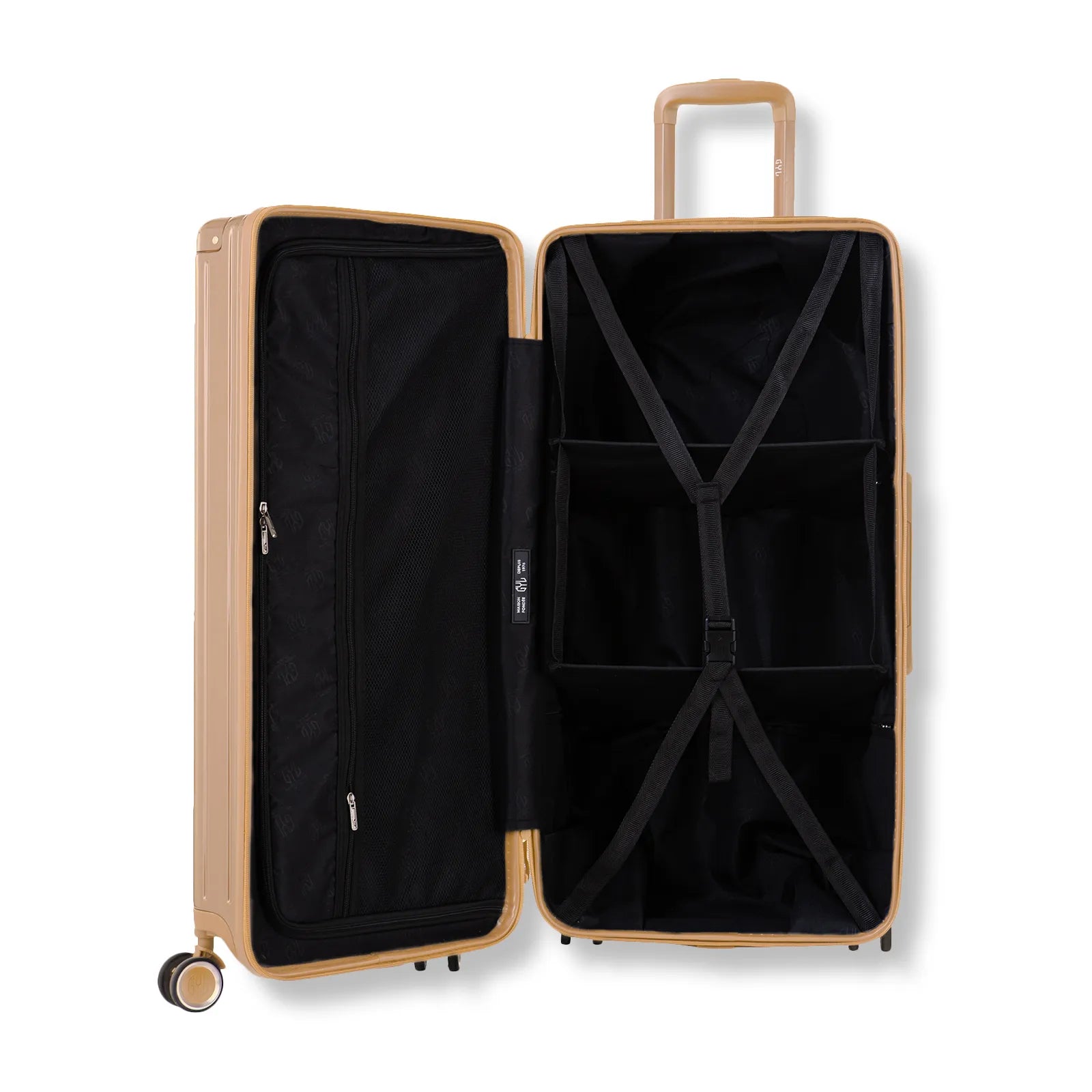 Valise trunk GYL XL champagne ouverte en position verticale, montrant la double séparation intérieure et les sangles de maintien.