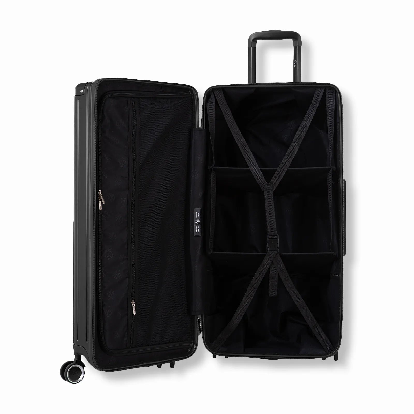 Valise trunk GYL XL noir ouverte en position verticale, montrant la double séparation intérieure et les sangles de maintien.