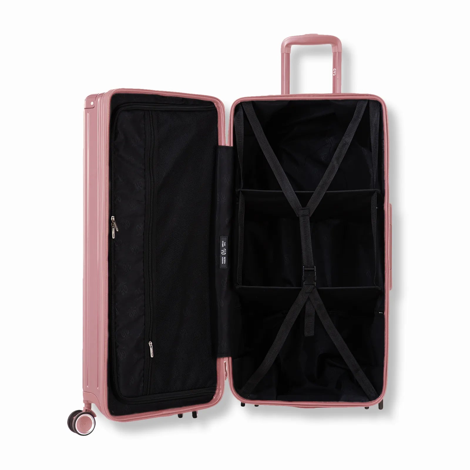 Valise trunk GYL XL rose gold ouverte en position verticale, montrant la double séparation intérieure et les sangles de maintien.