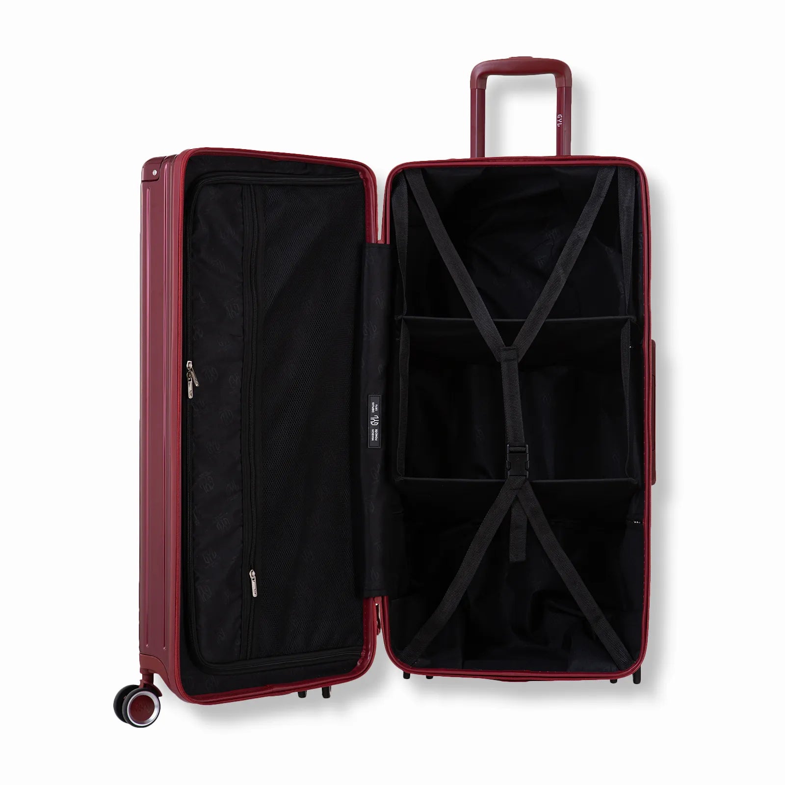 Valise trunk GYL XL rouge foncé ouverte en position verticale, montrant la double séparation intérieure et les sangles de maintien.