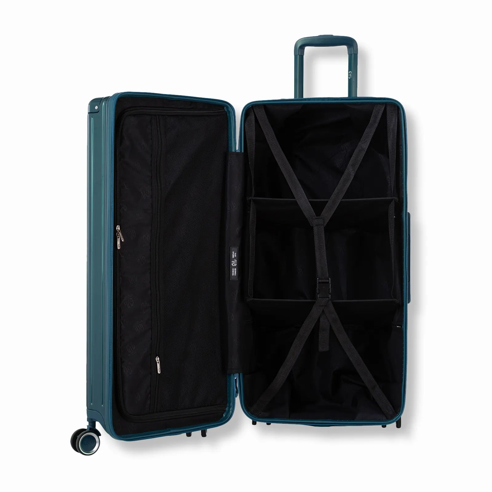 Valise trunk GYL XL sapin ouverte en position verticale, montrant la double séparation intérieure et les sangles de maintien.