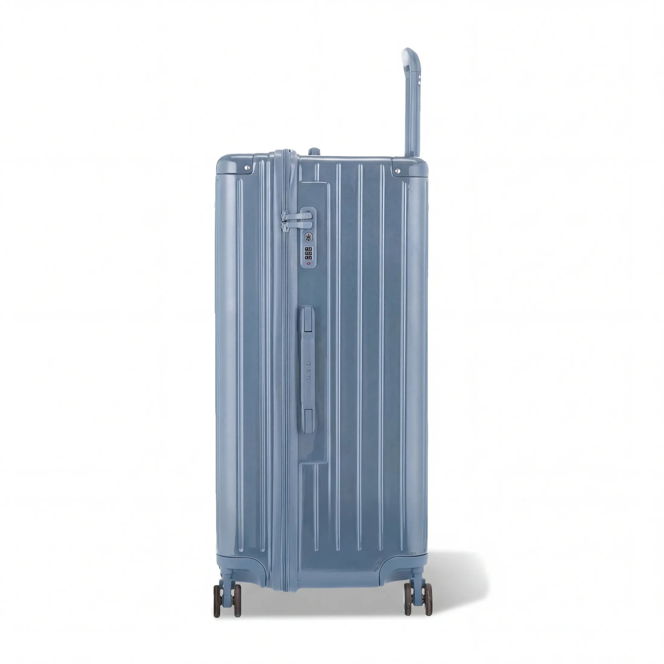 Dos de la valise trunk GYL XL bleu gris avec trolley télescopique sorti et logo embossé.