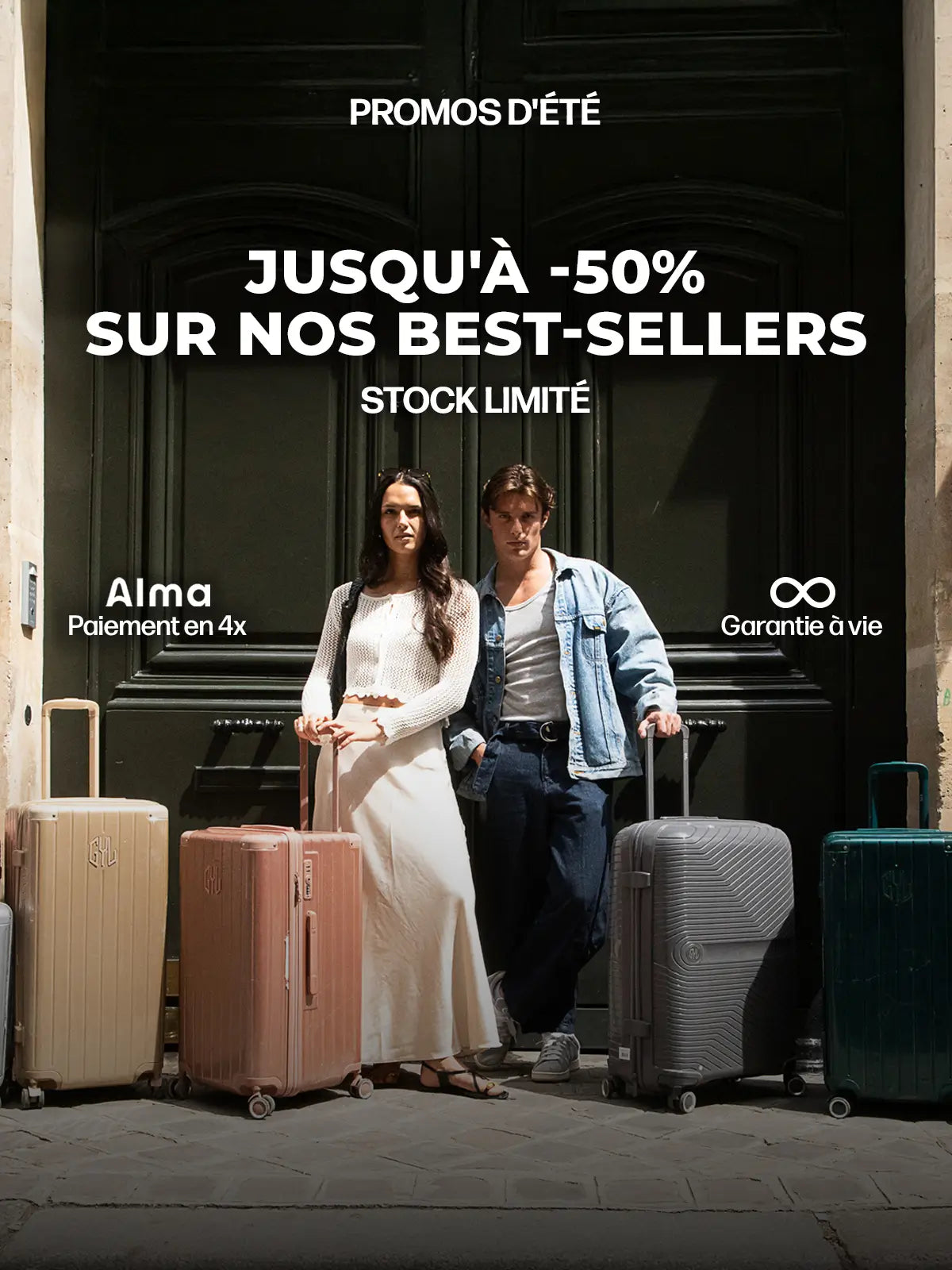 Bannière mobile GYL présentant des valises haut de gamme en promotion jusqu’à -50 %, avec paiement en 4 fois et garantie à vie, collection best-sellers, stock limité.
