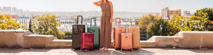 Valises Intemporelle et Trunk Champagne, Rose Gold, Sapin, Noir et Rouge Foncé avec vue sur Paris