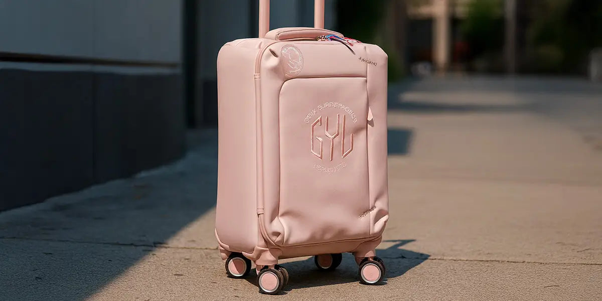 Valise cabine GYL Évasion en polycarbonate rose pâle, compacte et élégante, équipée de quatre roulettes multidirectionnelles pour faciliter les voyages.