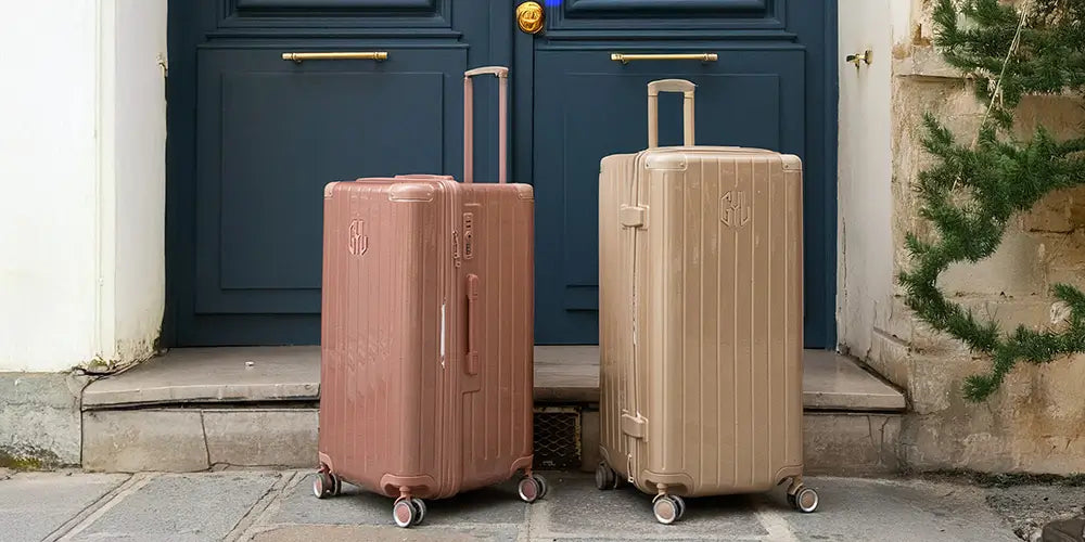 Valises rigides GYL en polycarbonate, format semaine, coloris rose et doré, équipées de quatre roulettes multidirectionnelles pour voyager confortablement.