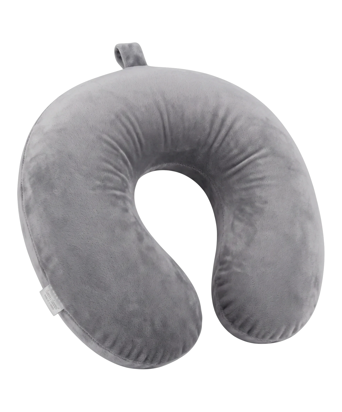 Coussin de nuque de voyage GYL en velours coloris gris, forme ergonomique avec boucle de suspension