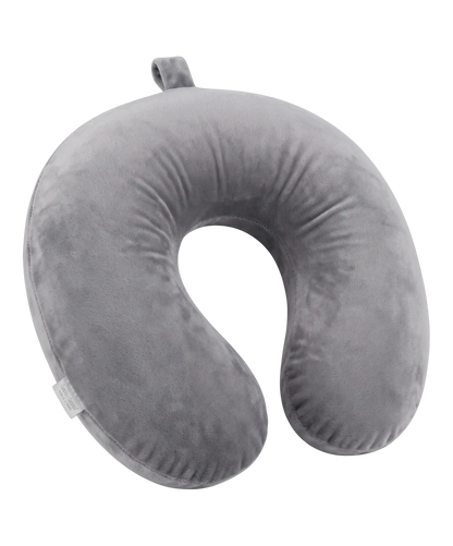 Coussin de nuque de voyage GYL en velours coloris gris, forme ergonomique avec boucle de suspension