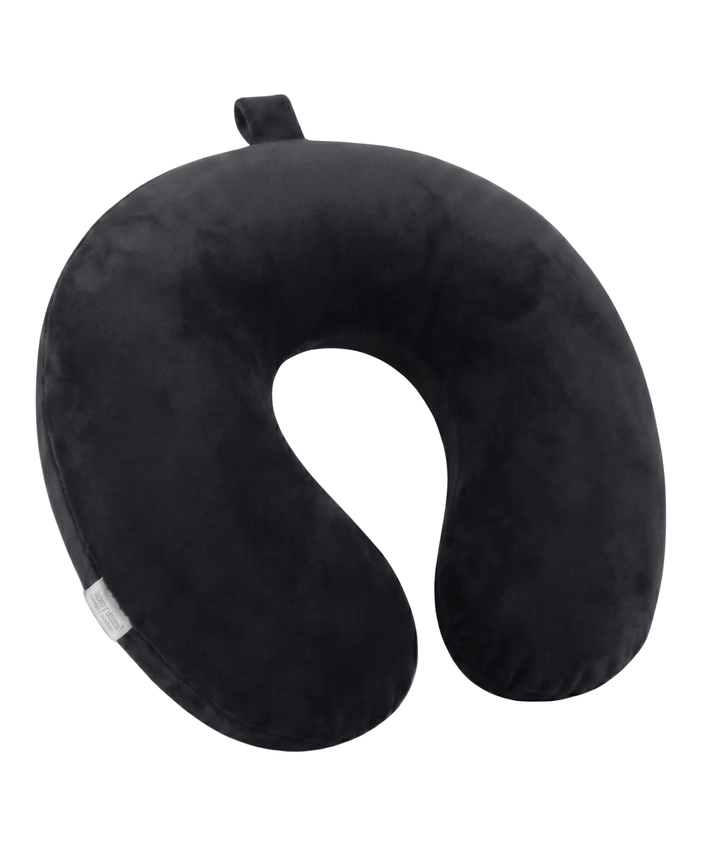 Coussin de nuque de voyage GYL en velours coloris noir, forme ergonomique avec boucle de suspension
