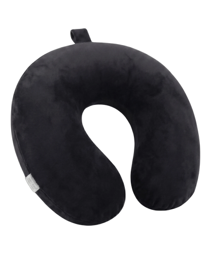 Coussin de nuque de voyage GYL en velours coloris noir, forme ergonomique avec boucle de suspension
