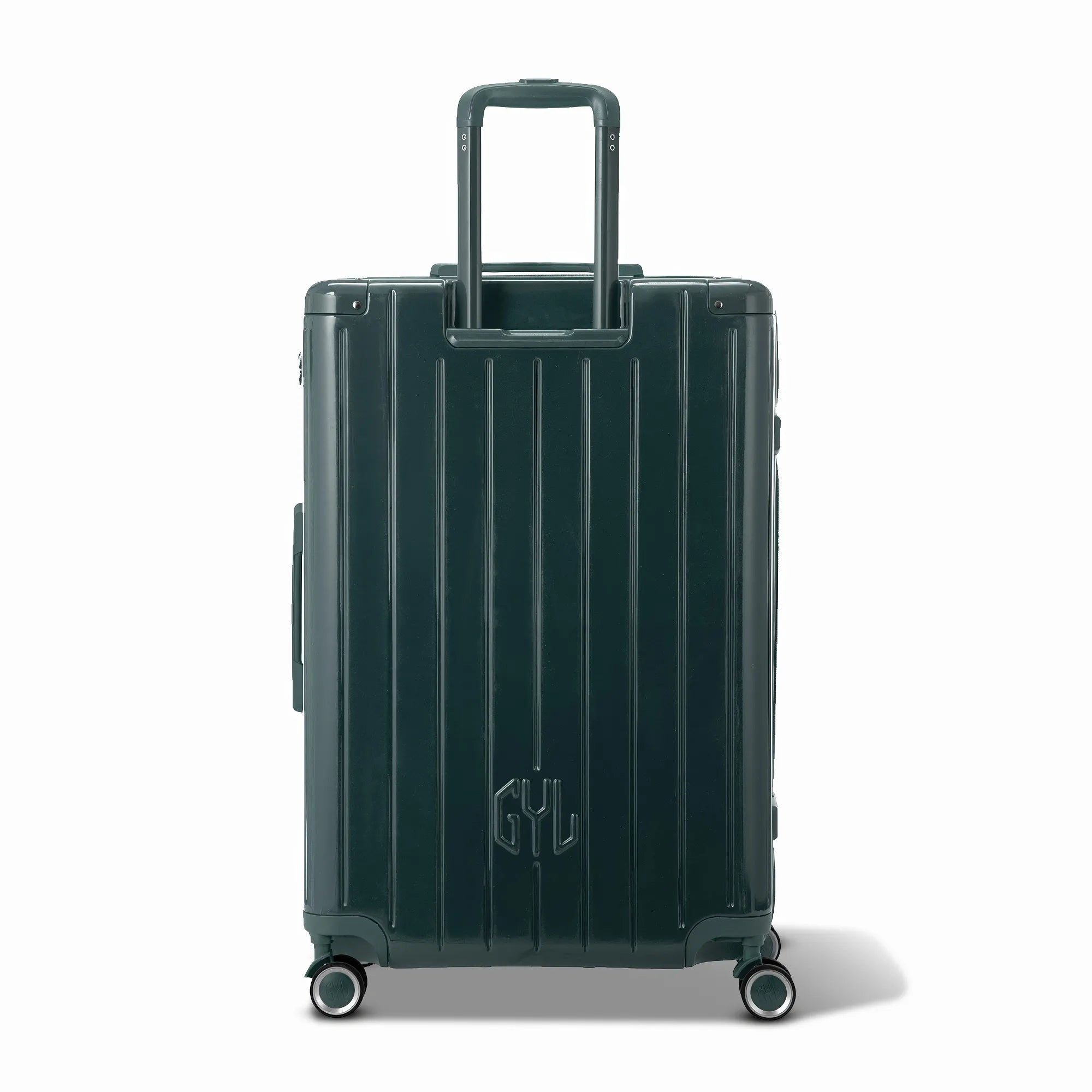 Vue arrière de la valise rigide GYL Intemporelle gris foncé avec poignées intégrées et roulettes pivotantes.