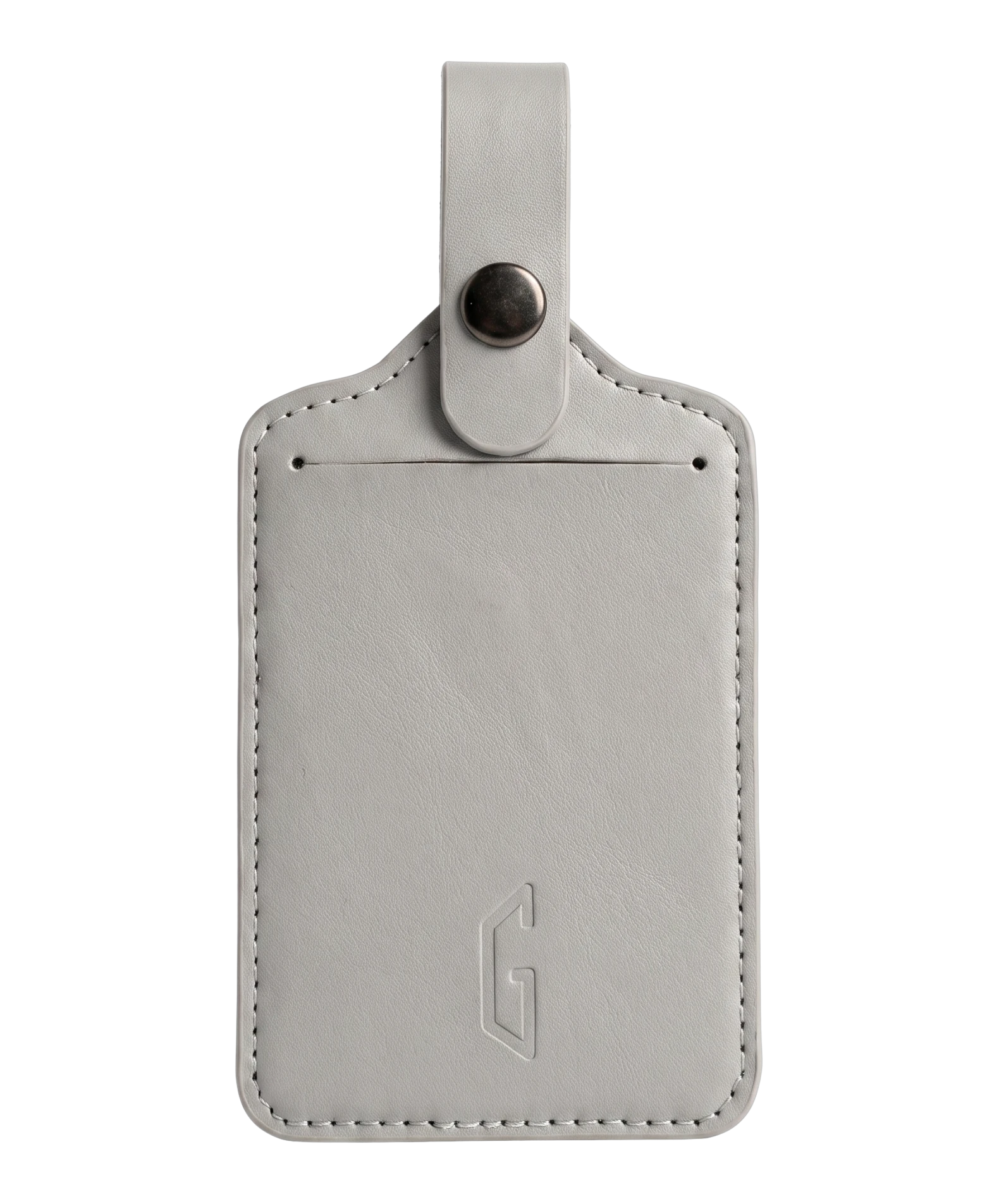 Etiquette de bagage GYL en cuir coloris gris argent, porte-adresse avec logo G embosse et bouton pression metallique
