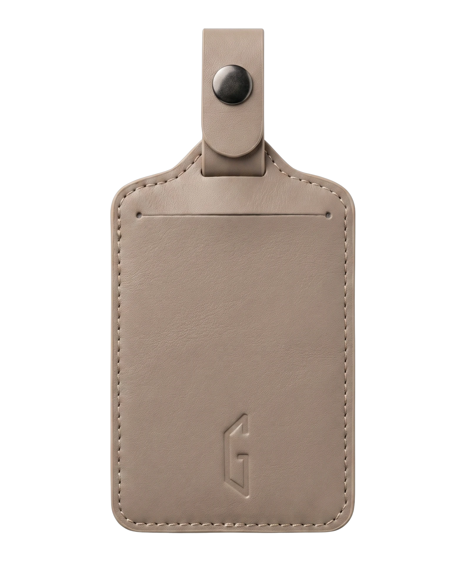 Etiquette de bagage GYL en cuir coloris champagne, porte-adresse avec logo G embosse et bouton pression metallique