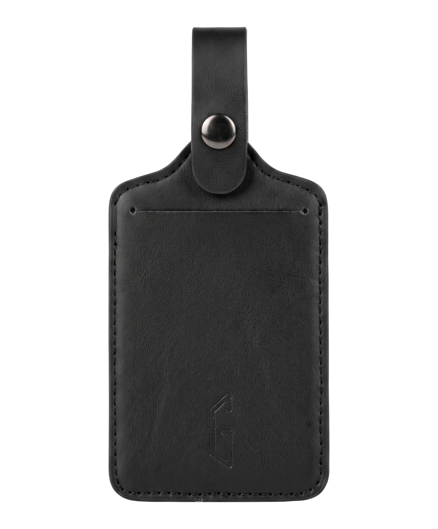 Etiquette de bagage GYL en cuir coloris noir, porte-adresse avec logo G embosse et bouton pression metallique