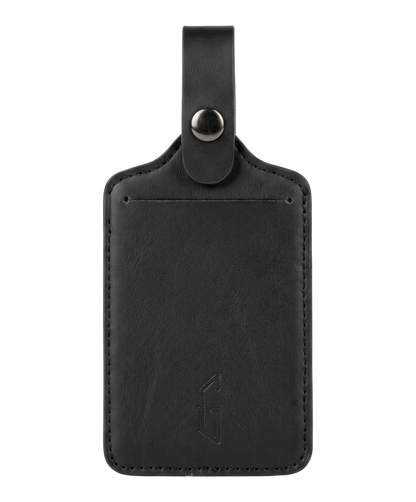 Etiquette de bagage GYL en cuir coloris noir, porte-adresse avec logo G embosse et bouton pression metallique
