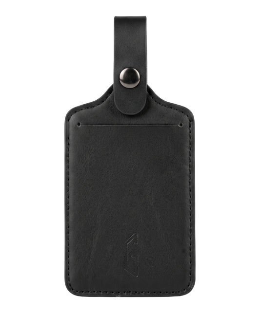 Etiquette de bagage GYL en cuir coloris noir, porte-adresse avec logo G embosse et bouton pression metallique