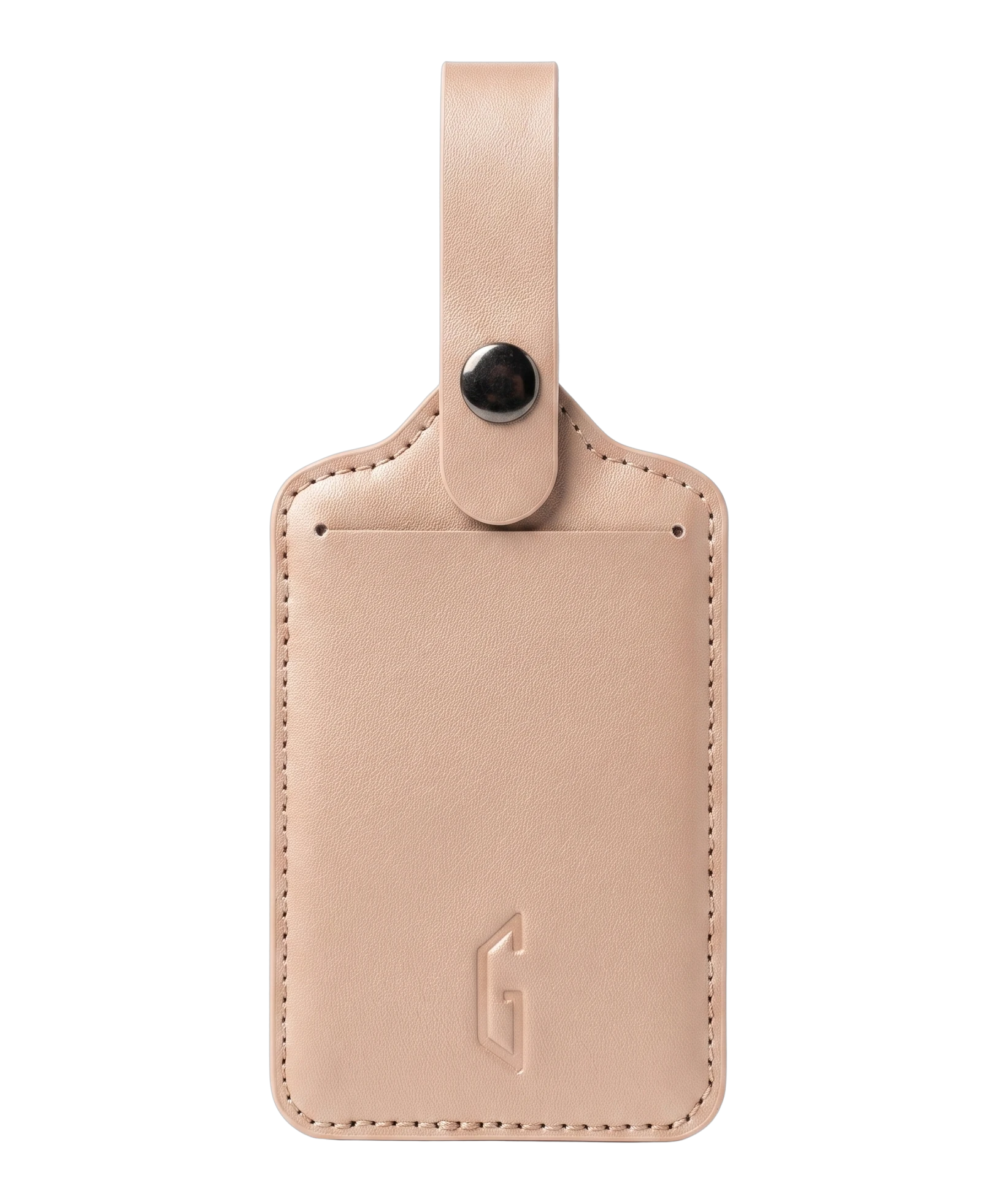 Etiquette de bagage GYL en cuir coloris rose gold, porte-adresse avec logo G embosse et bouton pression metallique