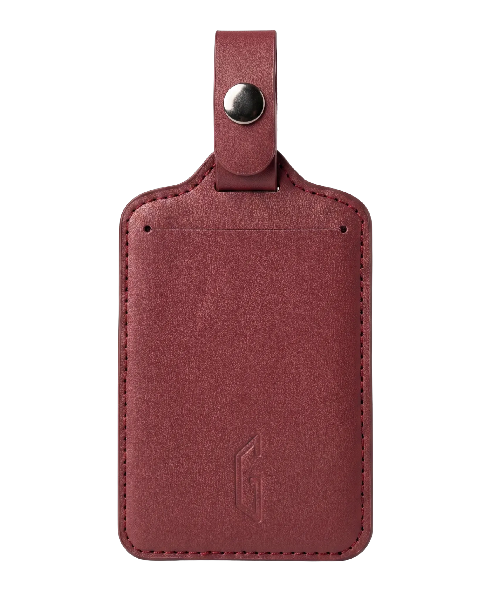 Etiquette de bagage GYL en cuir coloris rouge fonce, porte-adresse avec logo G embosse et bouton pression metallique