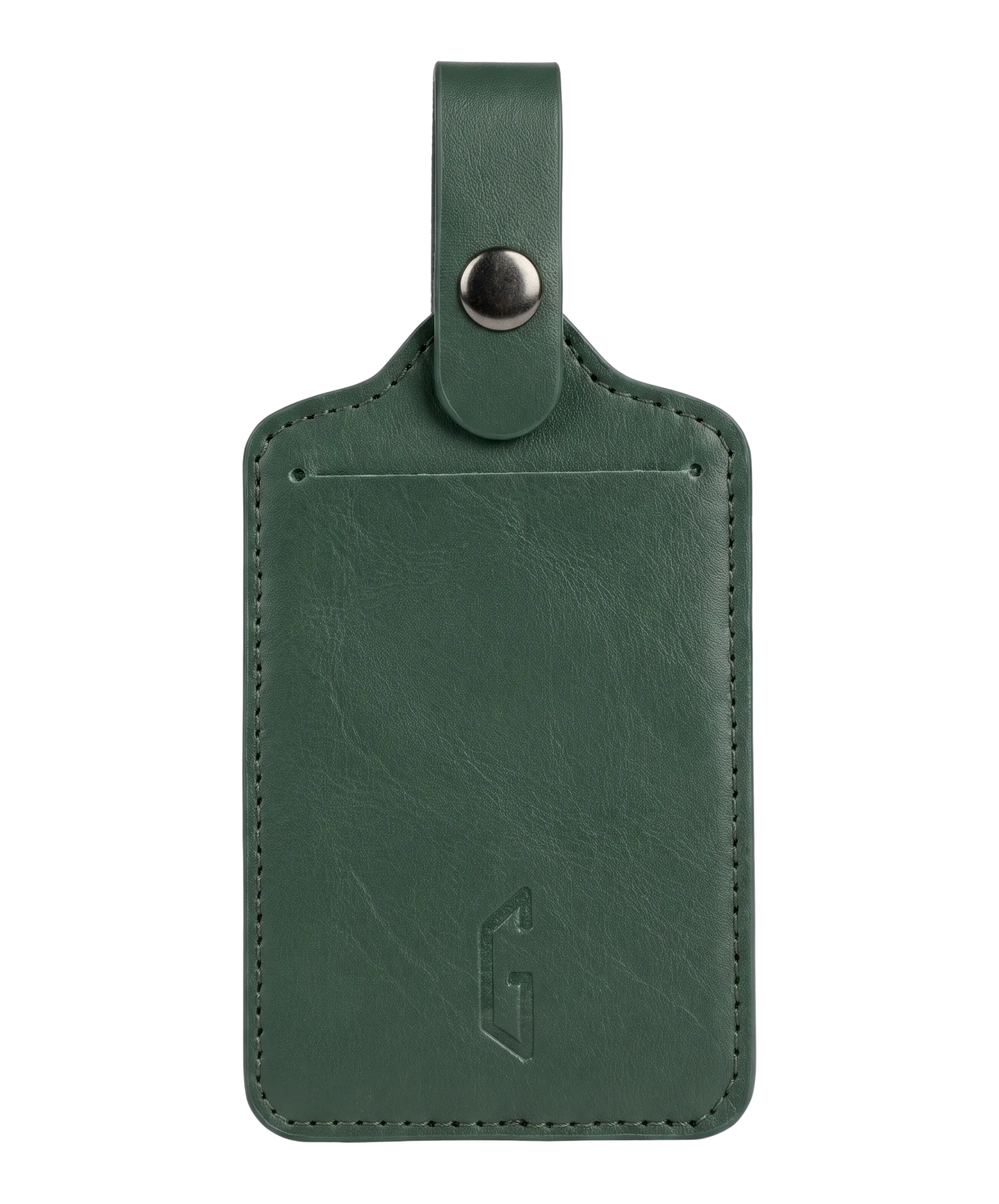 Etiquette de bagage GYL en cuir coloris vert sapin, porte-adresse avec logo G embosse et bouton pression metallique