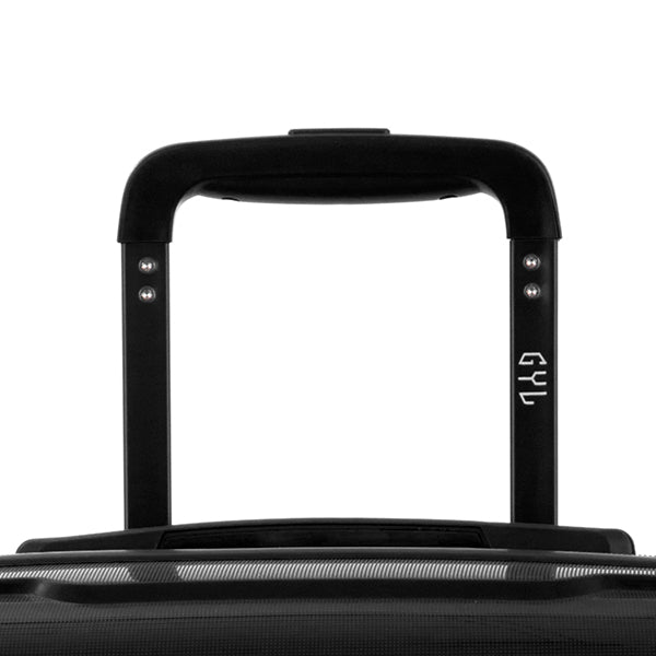 Poignée télescopique noire d’une valise GYL avec logo gravé, robuste et réglable