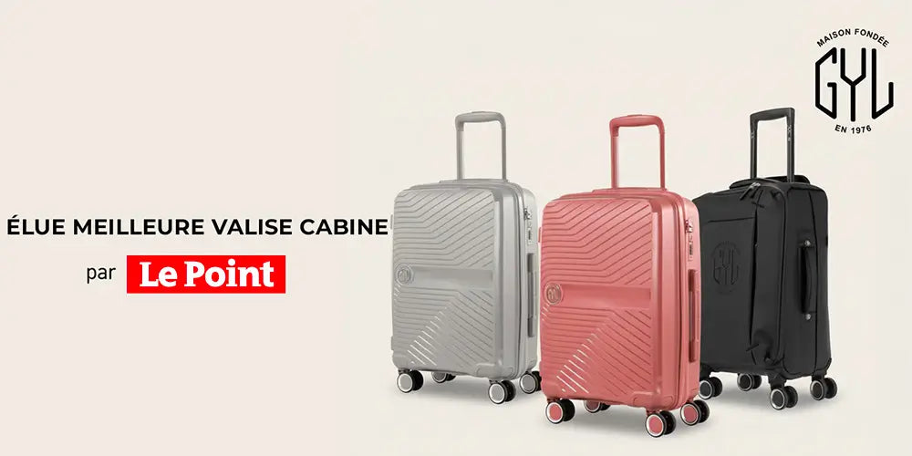 Élue meilleure valise cabine par Le Point – Valises cabine GYL rigides et élégantes en gris, rose et noir, avec quatre roues pivotantes et design premium.