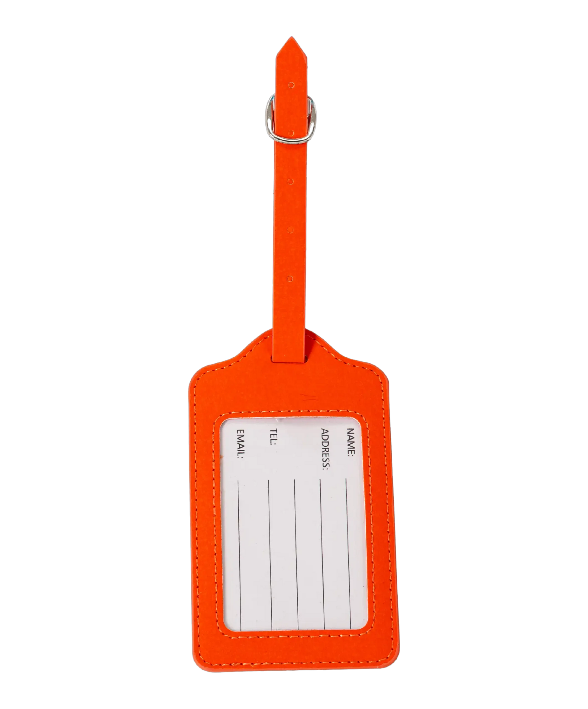 Etiquette a bagages GYL orange vue dos avec carte identification fond transparent