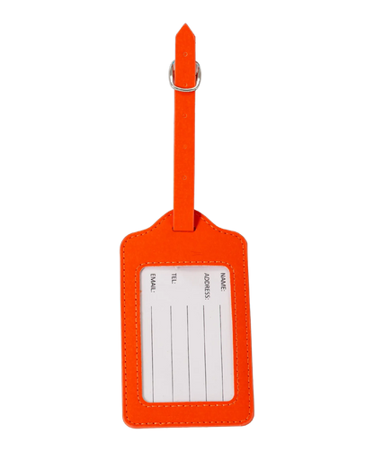 Etiquette a bagages GYL orange vue dos avec carte identification fond transparent
