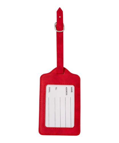 Etiquette a bagages GYL rouge vue dos avec carte identification fond transparent