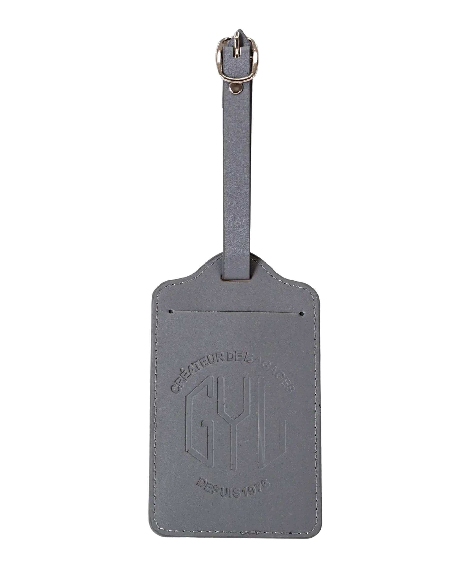 Etiquette a bagages GYL argent vue face avec logo Createur de Bagages fond transparent