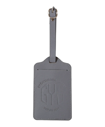 Etiquette a bagages GYL argent vue face avec logo Createur de Bagages fond transparent
