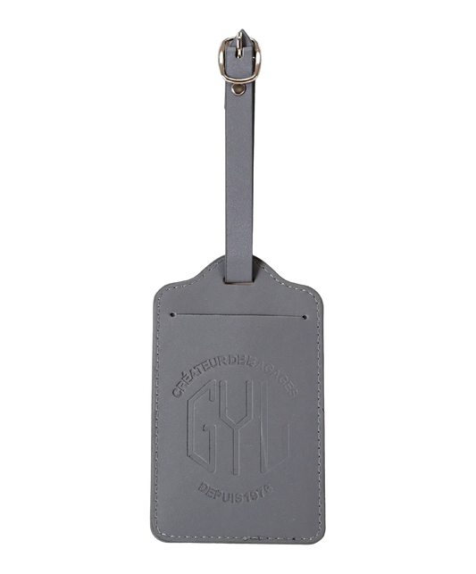 Etiquette a bagages GYL argent vue face avec logo Createur de Bagages fond transparent