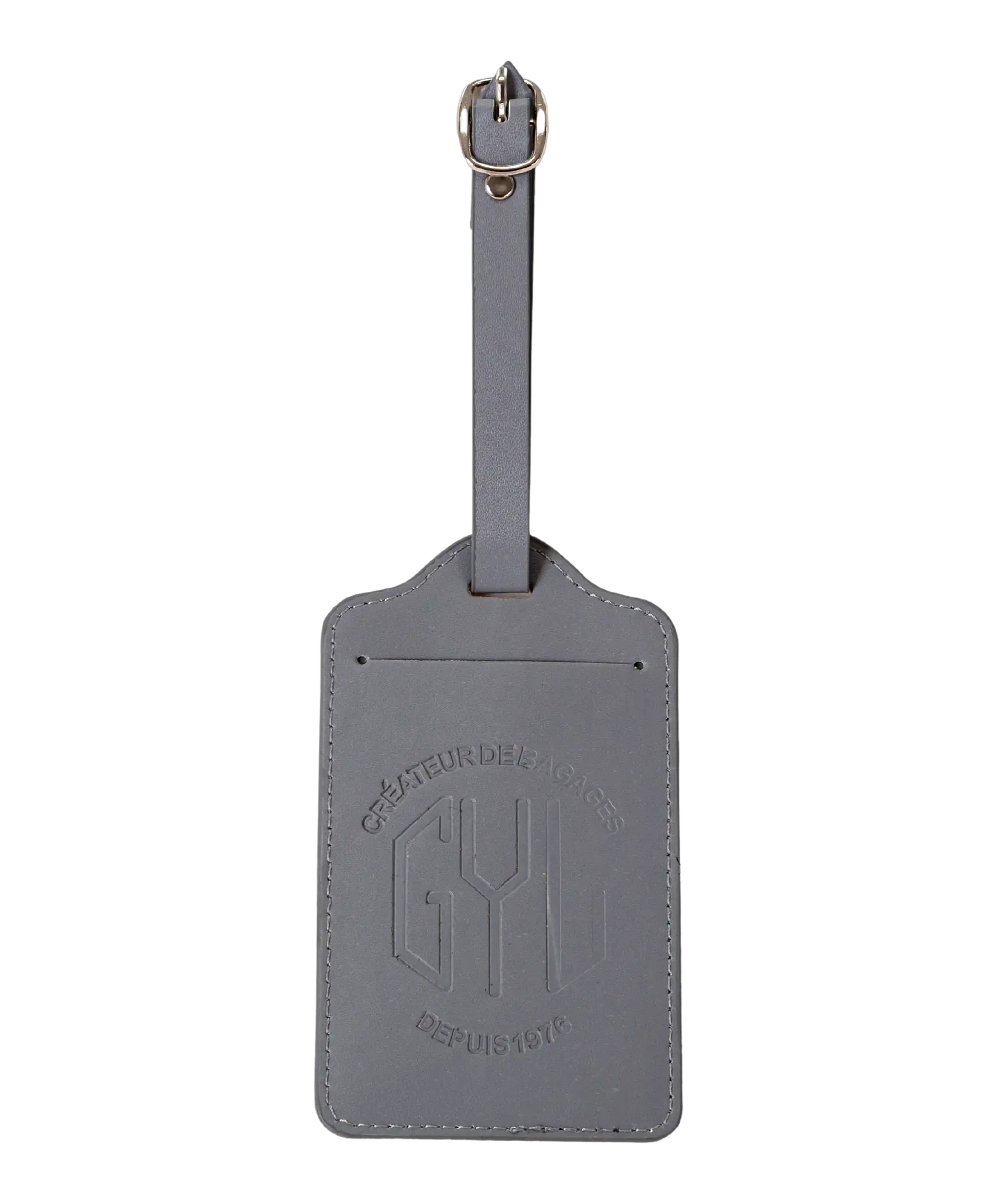 Etiquette a bagages GYL argent vue face logo fond transparent