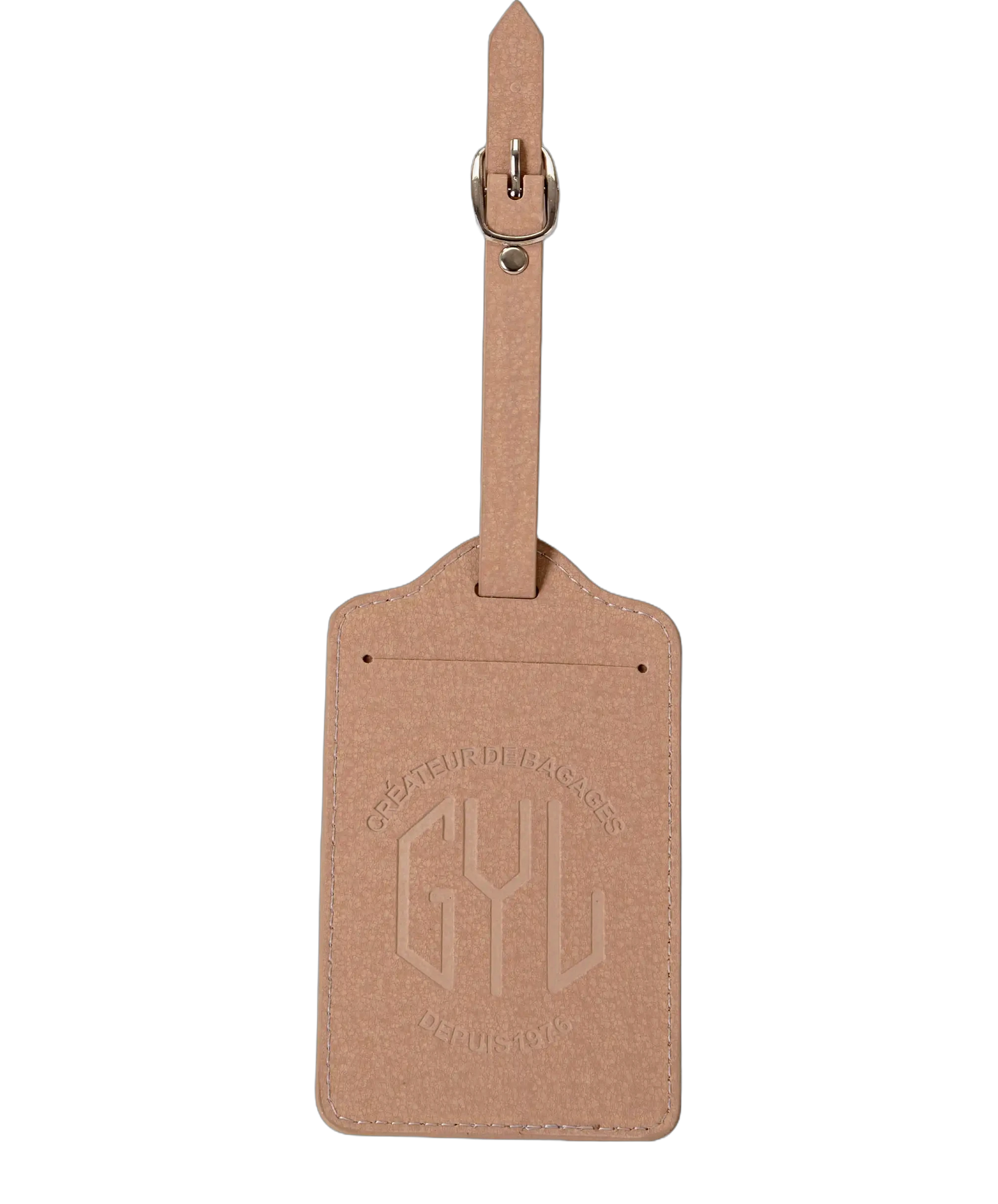 Etiquette a bagages GYL champagne vue face avec logo Createur de Bagages fond transparent