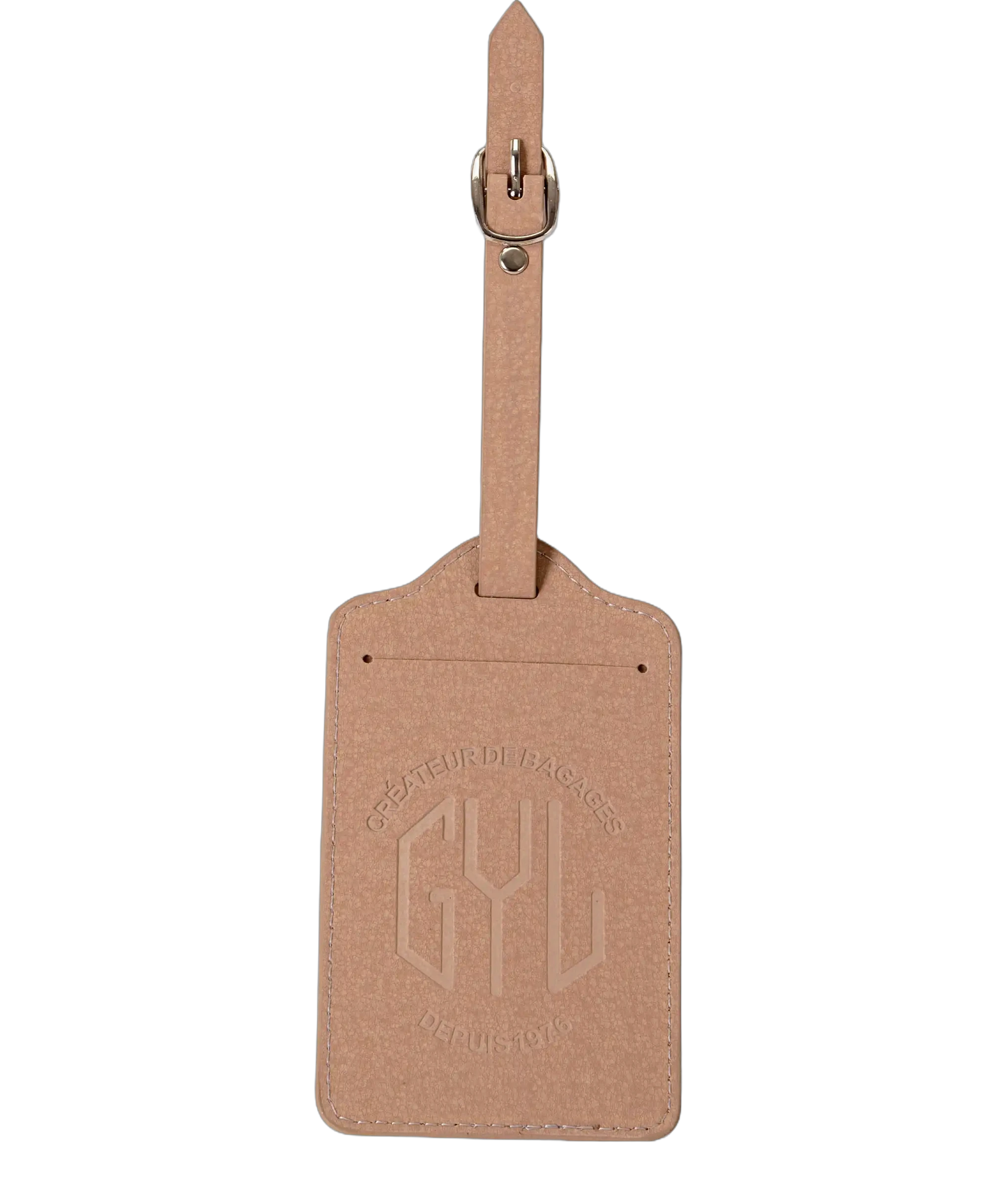 Etiquette a bagages GYL champagne vue face avec logo Createur de Bagages fond transparent