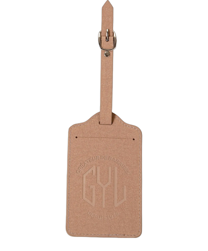 Etiquette a bagages GYL champagne vue face avec logo Createur de Bagages fond transparent