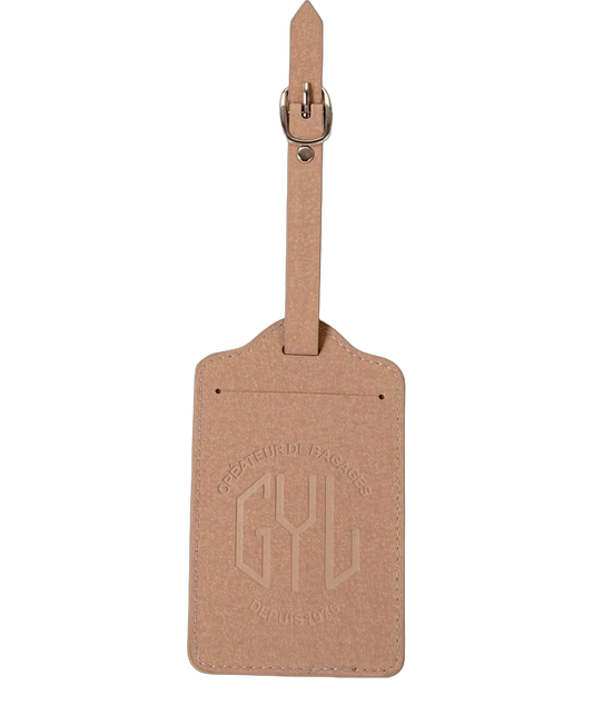 Etiquette a bagages GYL champagne vue face avec logo Createur de Bagages fond transparent