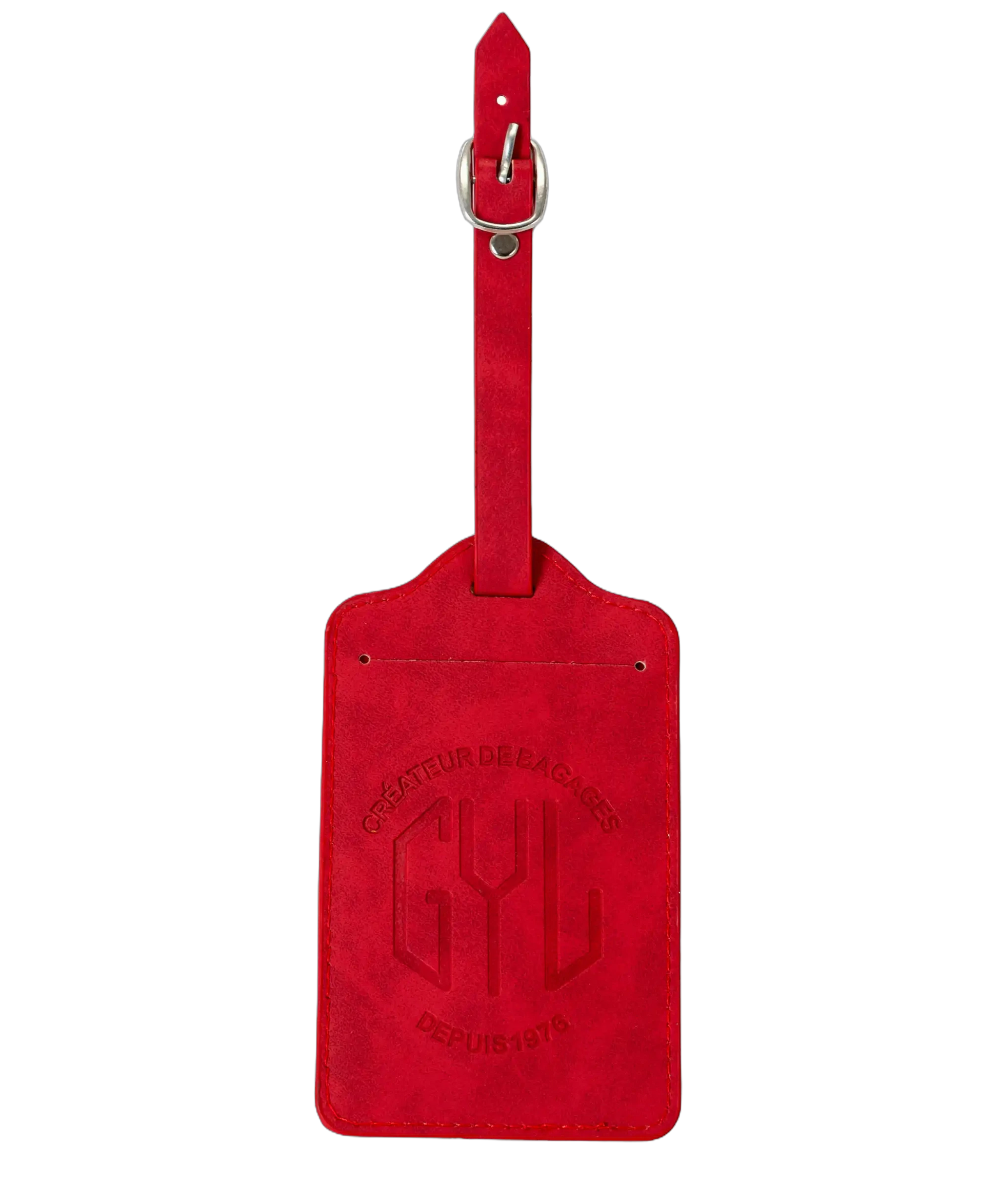 Etiquette a bagages GYL rouge vue face avec logo Createur de Bagages fond transparent