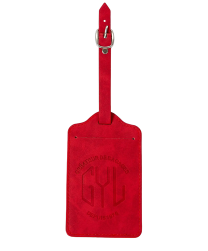 Etiquette a bagages GYL rouge vue face avec logo Createur de Bagages fond transparent