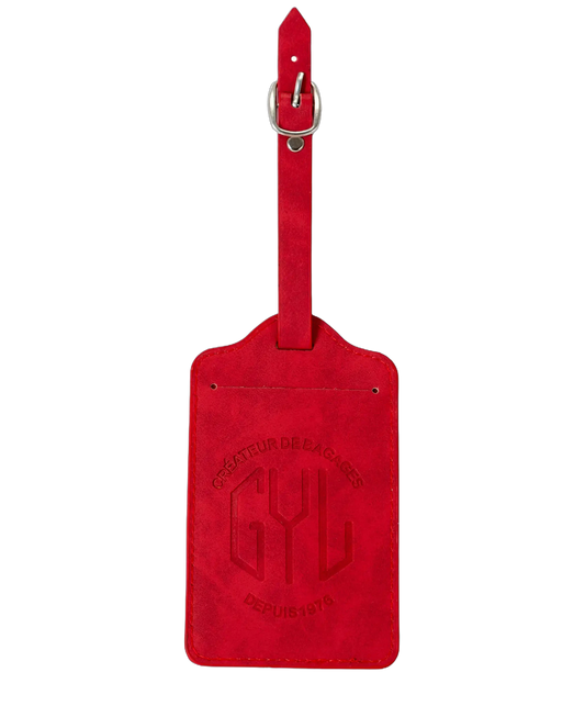 Etiquette a bagages GYL rouge vue face avec logo Createur de Bagages fond transparent
