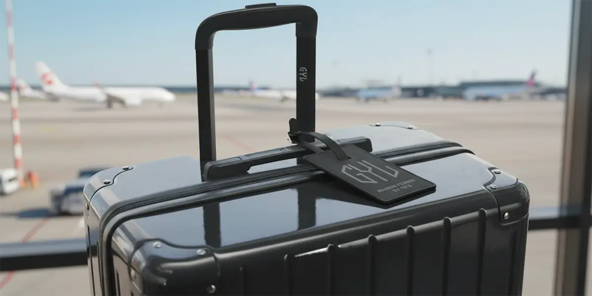 Valise GYL avec étiquette à bagage noire posée sur un trolley à l’aéroport, symbolisant les accessoires de voyage élégants et pratiques pour les voyageurs modernes.